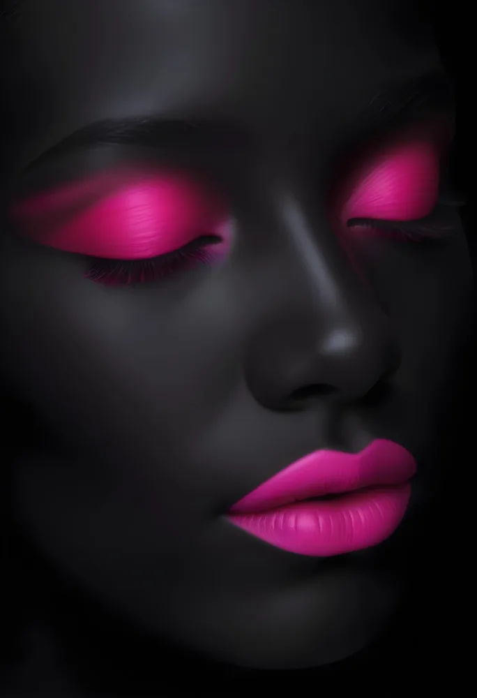 Digital Painting A Close Up Of A Face With A Completely Black Background The Skin Is Painted Black And The Eyes Are Closed With Bright Pink Eyeshadow The Lips Are Glossy And Painted In A Vibrant Pink Color Creating 16 7771