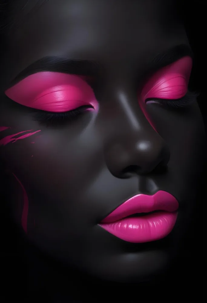 Digital Painting A Close Up Of A Face With A Completely Black Background The Skin Is Painted Black And The Eyes Are Closed With Bright Pink Eyeshadow The Lips Are Glossy And Painted In A Vibrant Pink Color Creating 17 D4c3