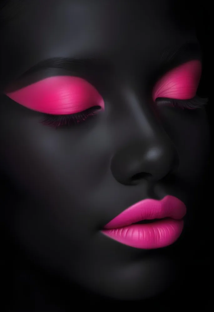 Digital Painting A Close Up Of A Face With A Completely Black Background The Skin Is Painted Black And The Eyes Are Closed With Bright Pink Eyeshadow The Lips Are Glossy And Painted In A Vibrant Pink Color Creating 23 7970