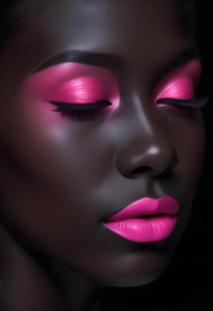 Digital Painting A Close Up Of A Face With A Completely Black Background The Skin Is Painted Black And The Eyes Are Closed With Bright Pink Eyeshadow The Lips Are Glossy And Painted In A Vibrant Pink Color Creating 26 B473