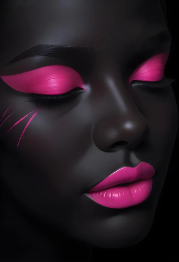 Digital Painting A Close Up Of A Face With A Completely Black Background The Skin Is Painted Black And The Eyes Are Closed With Bright Pink Eyeshadow The Lips Are Glossy And Painted In A Vibrant Pink Color Creating 27 431d