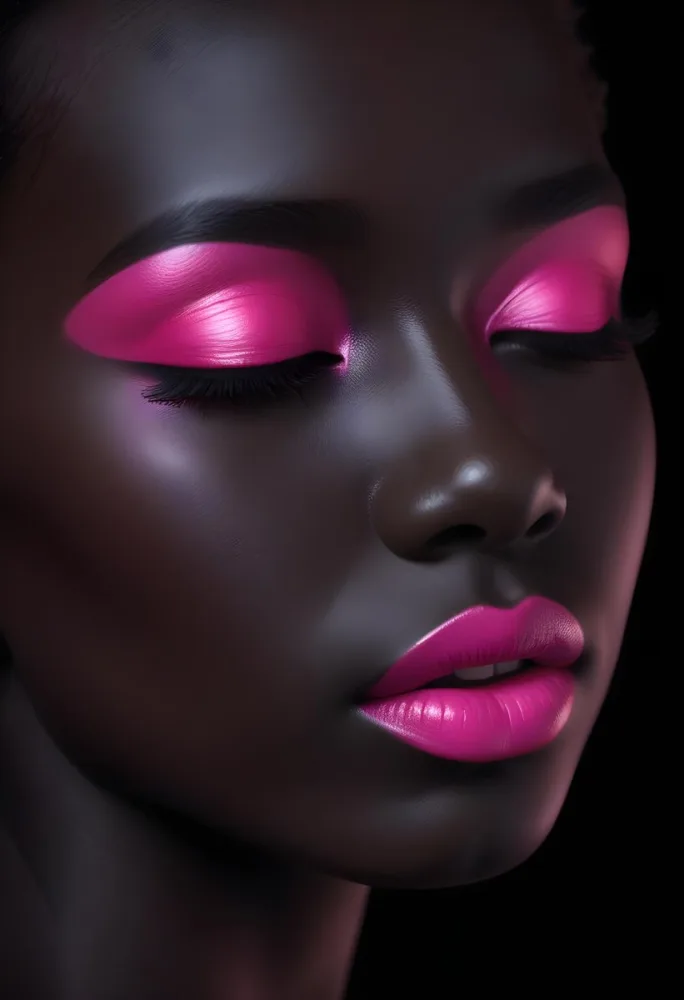 Digital Painting A Close Up Of A Face With A Completely Black Background The Skin Is Painted Black And The Eyes Are Closed With Bright Pink Eyeshadow The Lips Are Glossy And Painted In A Vibrant Pink Color Creating 33 1145