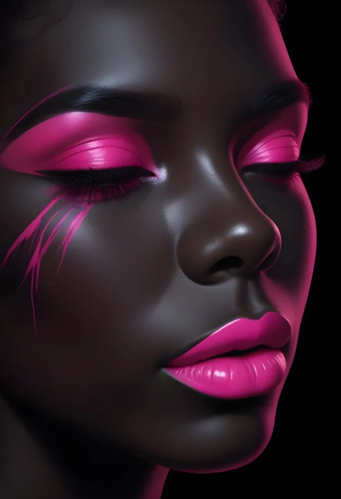 Digital Painting A Close Up Of A Face With A Completely Black Background The Skin Is Painted Black And The Eyes Are Closed With Bright Pink Eyeshadow The Lips Are Glossy And Painted In A Vibrant Pink Color Creating 34 Ffb9
