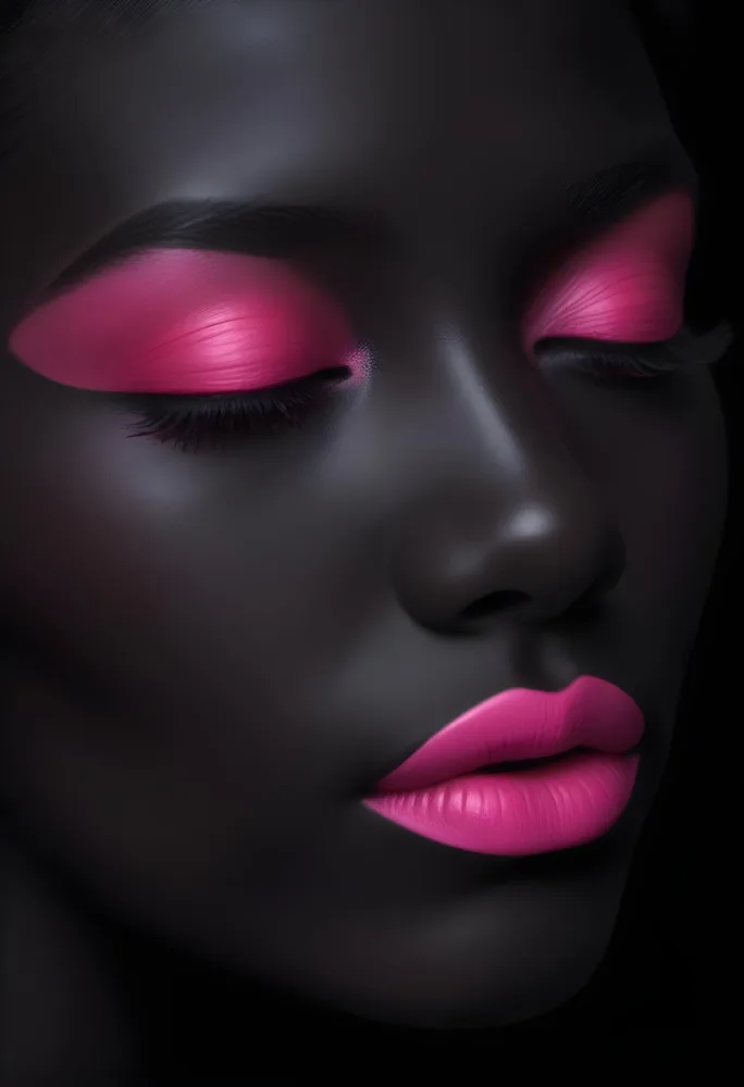 Digital Painting A Close Up Of A Face With A Completely Black Background The Skin Is Painted Black And The Eyes Are Closed With Bright Pink Eyeshadow The Lips Are Glossy And Painted In A Vibrant Pink Color Creating 35 4f8f