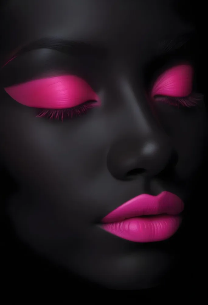 Digital Painting A Close Up Of A Face With A Completely Black Background The Skin Is Painted Black And The Eyes Are Closed With Bright Pink Eyeshadow The Lips Are Glossy And Painted In A Vibrant Pink Color Creating 4 Dbd2