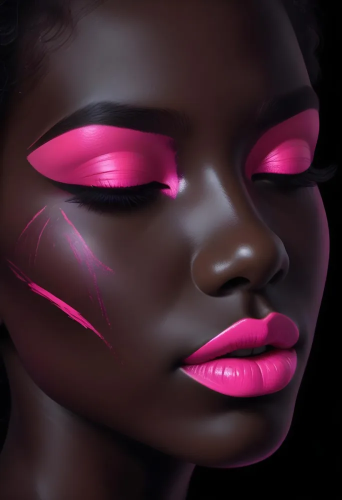 Digital Painting A Close Up Of A Face With A Completely Black Background The Skin Is Painted Black And The Eyes Are Closed With Bright Pink Eyeshadow The Lips Are Glossy And Painted In A Vibrant Pink Color Creating 47 B826