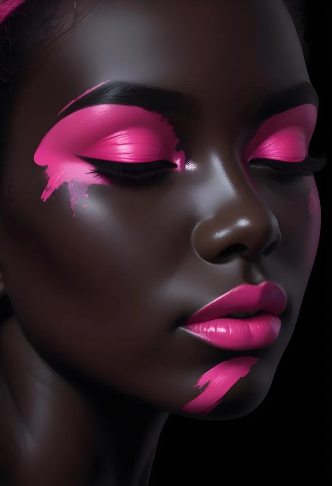 Digital Painting A Close Up Of A Face With A Completely Black Background The Skin Is Painted Black And The Eyes Are Closed With Bright Pink Eyeshadow The Lips Are Glossy And Painted In A Vibrant Pink Color Creating 48 2700