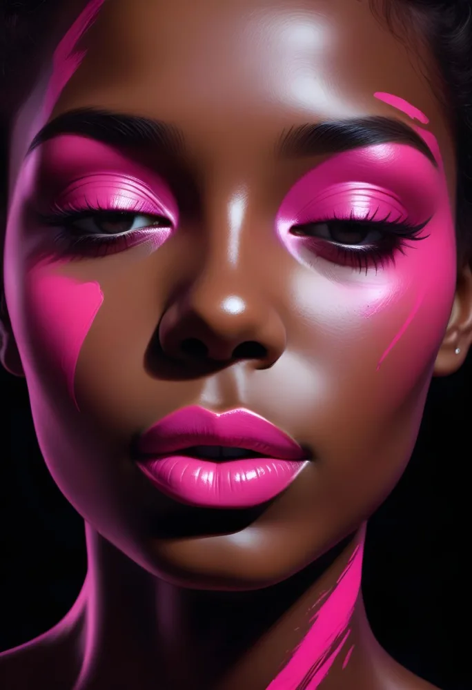 Digital Painting A Close Up Of A Face With A Completely Black Background The Skin Is Painted Black And The Eyes Are Closed With Bright Pink Eyeshadow The Lips Are Glossy And Painted In A Vibrant Pink Color Creating 50 8919