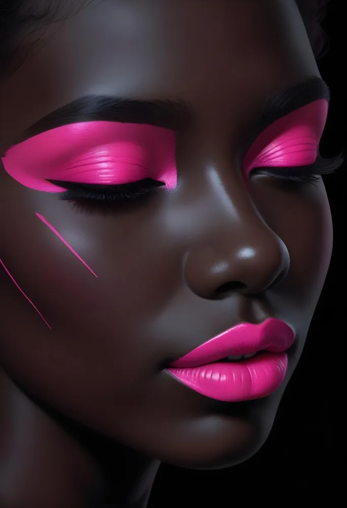 Digital Painting A Close Up Of A Face With A Completely Black Background The Skin Is Painted Black And The Eyes Are Closed With Bright Pink Eyeshadow The Lips Are Glossy And Painted In A Vibrant Pink Color Creating 51 Cdf7