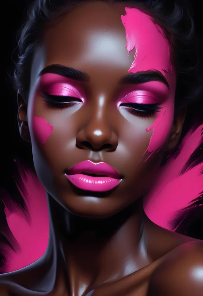 Digital Painting A Close Up Of A Face With A Completely Black Background The Skin Is Painted Black And The Eyes Are Closed With Bright Pink Eyeshadow The Lips Are Glossy And Painted In A Vibrant Pink Color Creating 52 6b0f