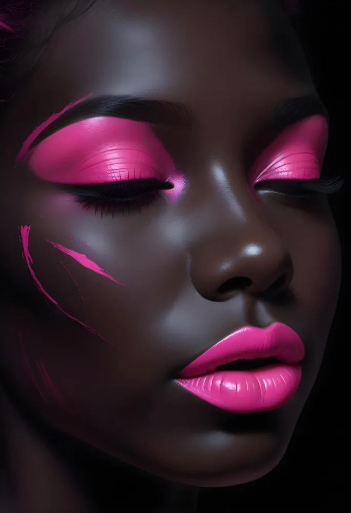 Digital Painting A Close Up Of A Face With A Completely Black Background The Skin Is Painted Black And The Eyes Are Closed With Bright Pink Eyeshadow The Lips Are Glossy And Painted In A Vibrant Pink Color Creating 53 636b