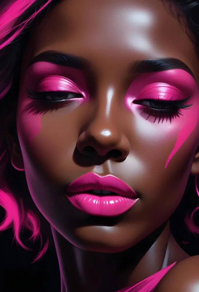 Digital Painting A Close Up Of A Face With A Completely Black Background The Skin Is Painted Black And The Eyes Are Closed With Bright Pink Eyeshadow The Lips Are Glossy And Painted In A Vibrant Pink Color Creating 54 D531