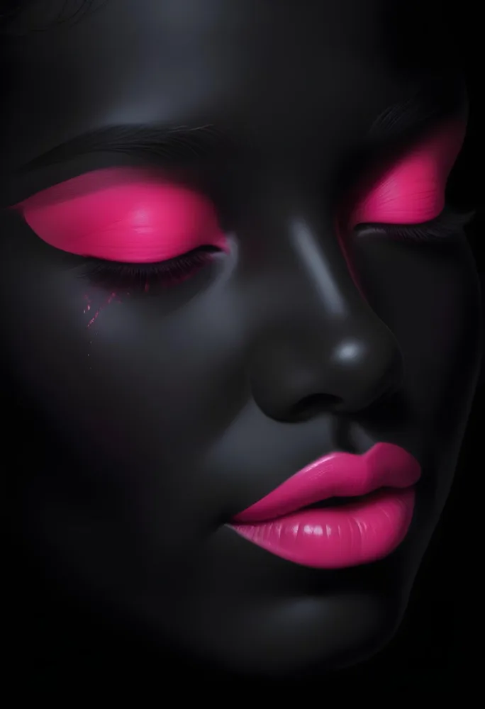Digital Painting A Close Up Of A Face With A Completely Black Background The Skin Is Painted Black And The Eyes Are Closed With Bright Pink Eyeshadow The Lips Are Glossy And Painted In A Vibrant Pink Color Creating 9 50a0