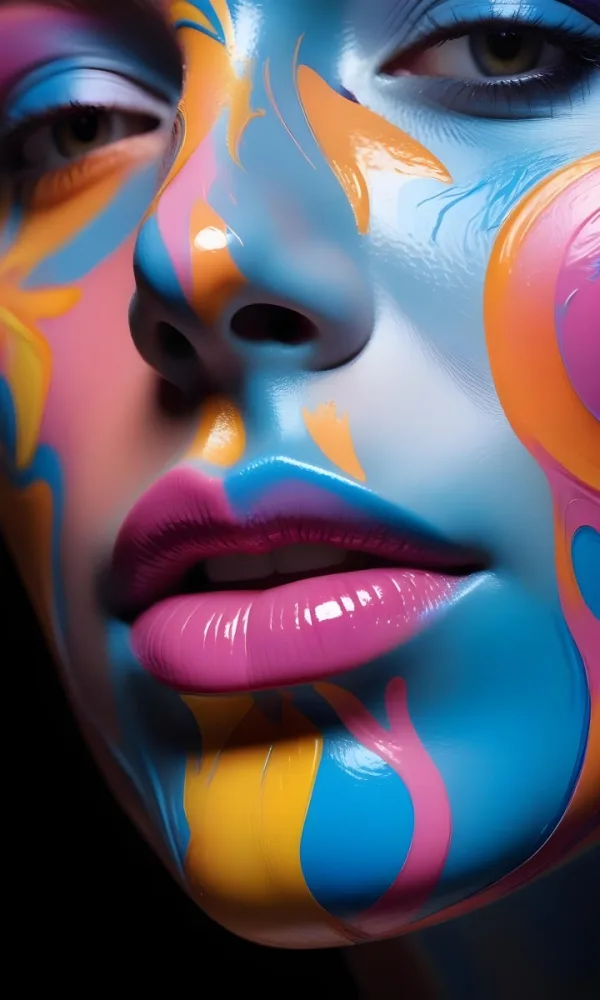 Digital Painting A Close Up Of A Stylized Face With Glossy Skin Covered In Vibrant Swirling Colors Of Blue Pink Orange And Yellow The Lips Are Full And Shiny Reflecting The Colorful Patterns Around Them The Bac 13 557c