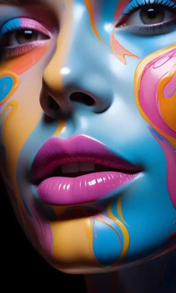 Digital Painting A Close Up Of A Stylized Face With Glossy Skin Covered In Vibrant Swirling Colors Of Blue Pink Orange And Yellow The Lips Are Full And Shiny Reflecting The Colorful Patterns Around Them The Bac 14 38f6