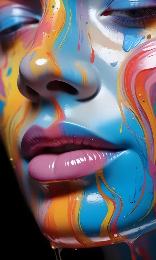 Digital Painting A Close Up Of A Stylized Face With Glossy Skin Covered In Vibrant Swirling Colors Of Blue Pink Orange And Yellow The Lips Are Full And Shiny Reflecting The Colorful Patterns Around Them The Bac 17 378d