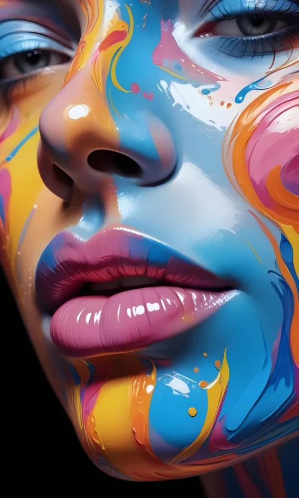 Digital Painting A Close Up Of A Stylized Face With Glossy Skin Covered In Vibrant Swirling Colors Of Blue Pink Orange And Yellow The Lips Are Full And Shiny Reflecting The Colorful Patterns Around Them The Bac 18 8101