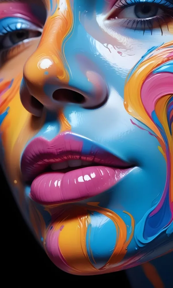 Digital Painting A Close Up Of A Stylized Face With Glossy Skin Covered In Vibrant Swirling Colors Of Blue Pink Orange And Yellow The Lips Are Full And Shiny Reflecting The Colorful Patterns Around Them The Bac 20 Cf30