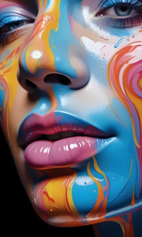 Digital Painting A Close Up Of A Stylized Face With Glossy Skin Covered In Vibrant Swirling Colors Of Blue Pink Orange And Yellow The Lips Are Full And Shiny Reflecting The Colorful Patterns Around Them The Bac 22 E5b7