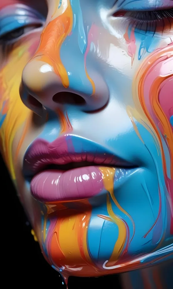 Digital Painting A Close Up Of A Stylized Face With Glossy Skin Covered In Vibrant Swirling Colors Of Blue Pink Orange And Yellow The Lips Are Full And Shiny Reflecting The Colorful Patterns Around Them The Bac 23 D0aa