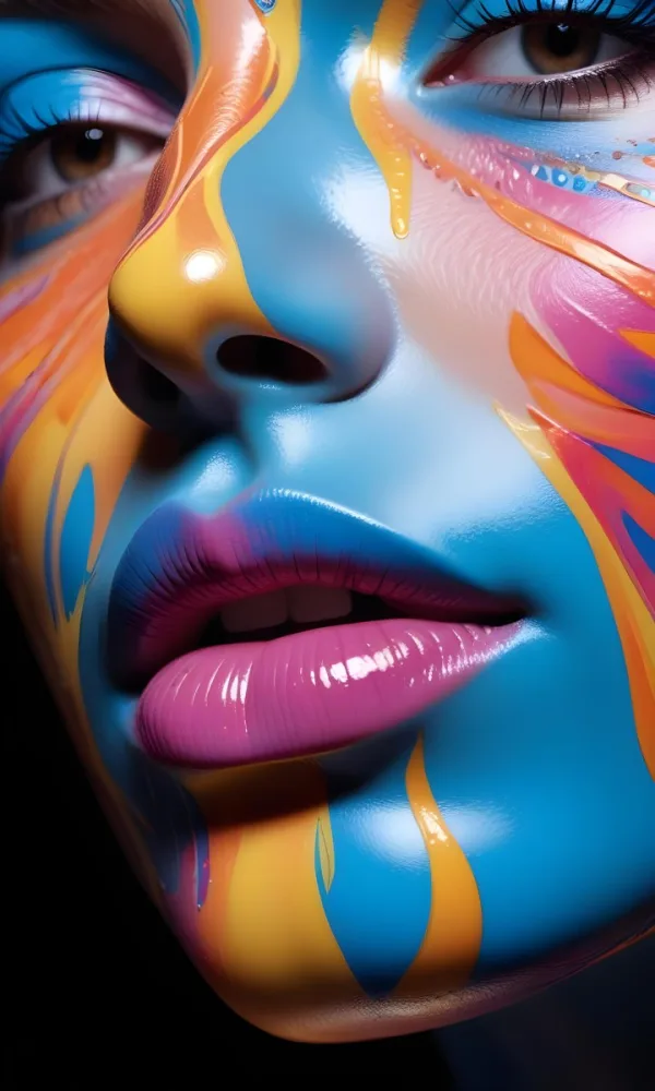 Digital Painting A Close Up Of A Stylized Face With Glossy Skin Covered In Vibrant Swirling Colors Of Blue Pink Orange And Yellow The Lips Are Full And Shiny Reflecting The Colorful Patterns Around Them The Bac 4 0e13