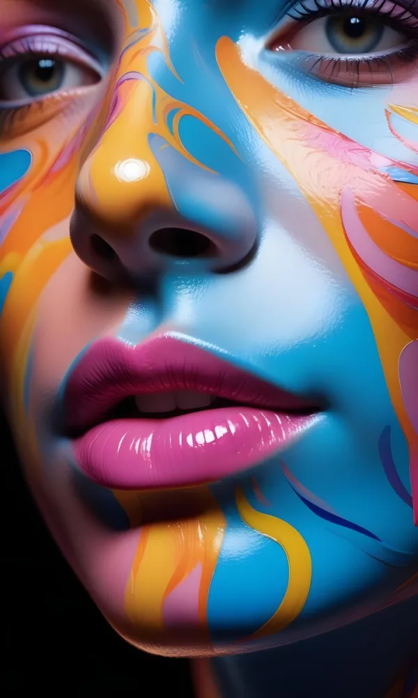 Digital Painting A Close Up Of A Stylized Face With Glossy Skin Covered In Vibrant Swirling Colors Of Blue Pink Orange And Yellow The Lips Are Full And Shiny Reflecting The Colorful Patterns Around Them The Bac 6 C31a