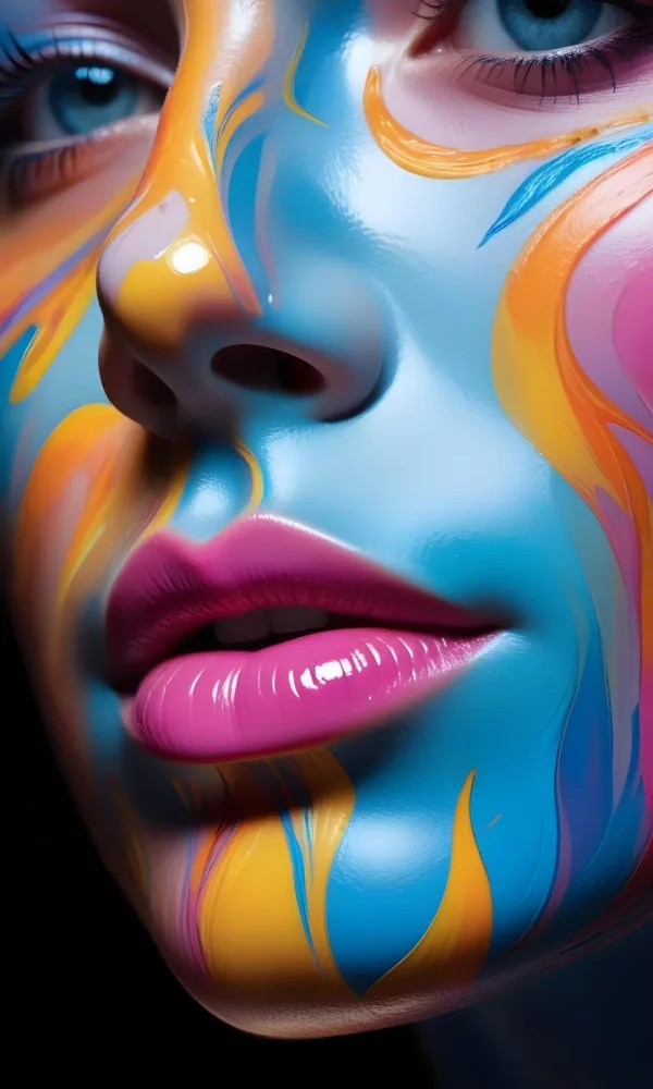 Digital Painting A Close Up Of A Stylized Face With Glossy Skin Covered In Vibrant Swirling Colors Of Blue Pink Orange And Yellow The Lips Are Full And Shiny Reflecting The Colorful Patterns Around Them The Bac 7 6b05
