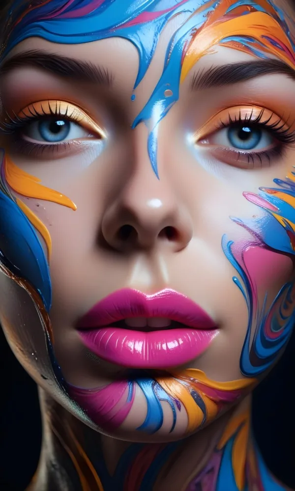 Digital Painting A Close Up Of A Stylized Face With Glossy Skin Covered In Vibrant Swirling Colors Of Blue Pink Orange And Yellow The Lips Are Full And Shiny Reflecting The Colorful Patterns Around Them The Bac 8 3630