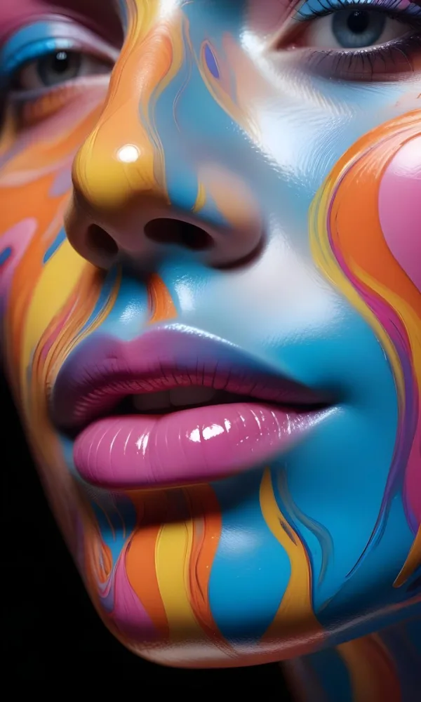 Digital Painting A Close Up Of A Stylized Face With Glossy Skin Covered In Vibrant Swirling Colors Of Blue Pink Orange And Yellow The Lips Are Full And Shiny Reflecting The Colorful Patterns Around Them The Bac 9 58fa