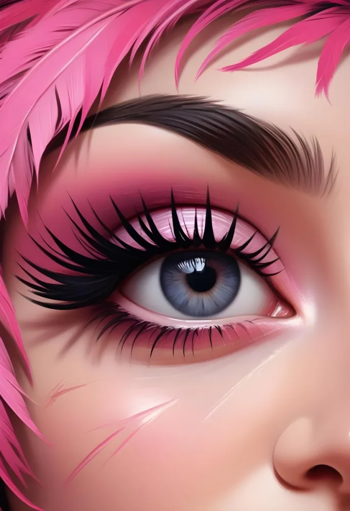 Digital Painting A Close Up Of A Woman S Eye With Dramatic Pink And Black Eyeshadow Long Eyelashes And A Pink Feather In The Background Bold And Slim Lines Brush Strokes 2 A780