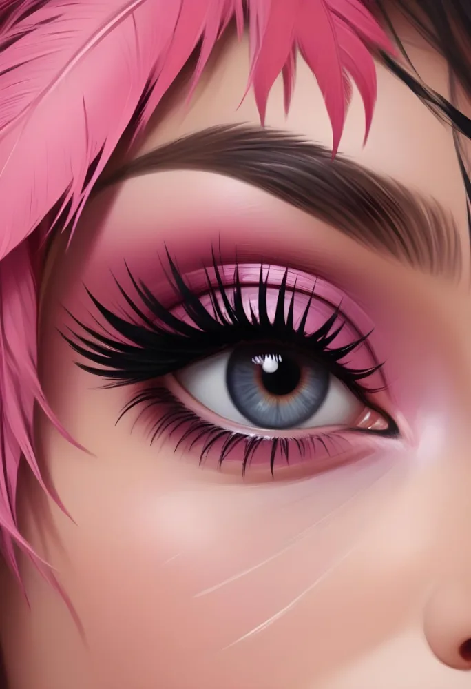 Digital Painting A Close Up Of A Woman S Eye With Dramatic Pink And Black Eyeshadow Long Eyelashes And A Pink Feather In The Background Bold And Slim Lines Brush Strokes 5 Fe34