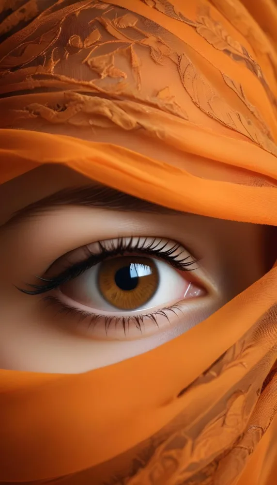 Digital Painting A Close Up Of A Woman S Eye With Orange And Brown Tones Partially Obscured By An Ornate Orange Veil Or Scarf Bold And Slim Lines Brush Strokes 15 D1a9