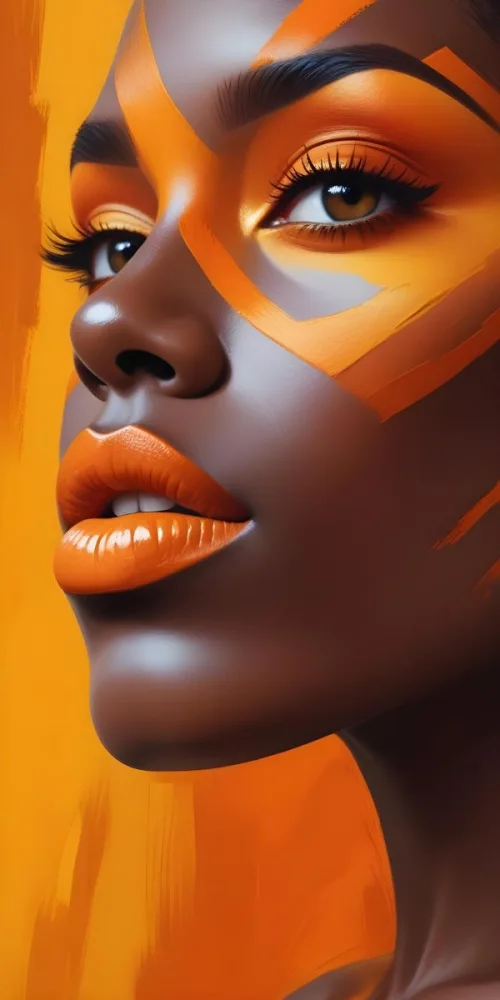 Digital Painting A Close Up Of A Woman S Face With Dark Skin Full Lips Painted In A Vibrant Orange Color And Dramatic Eye Makeup In Shades Of Yellow And Orange Bold And Slim Lines Brush Strokes 2 8347