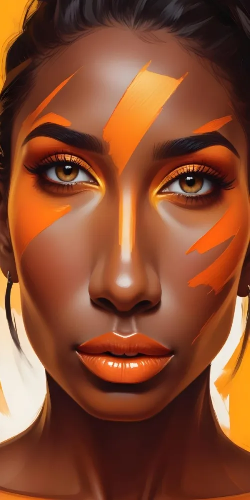 Digital Painting A Close Up Of A Woman S Face With Dark Skin Full Lips Painted In A Vibrant Orange Color And Dramatic Eye Makeup In Shades Of Yellow And Orange Bold And Slim Lines Brush Strokes 3 5e8f