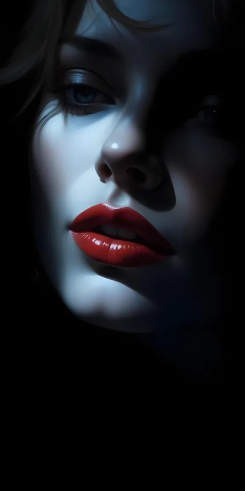 Digital Painting A Close Up Of A Woman S Lips Featuring Bright Red Lipstick The Face Is Partially Obscured By Light Hair With A Soft Blue Light Illuminating The Skin The Background Is Bright Enhancing The Contrast 12 375d