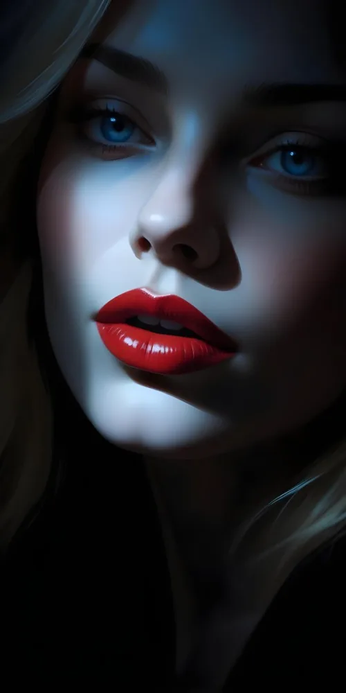 Digital Painting A Close Up Of A Woman S Lips Featuring Bright Red Lipstick The Face Is Partially Obscured By Light Hair With A Soft Blue Light Illuminating The Skin The Background Is Bright Enhancing The Contrast 32 E7ee