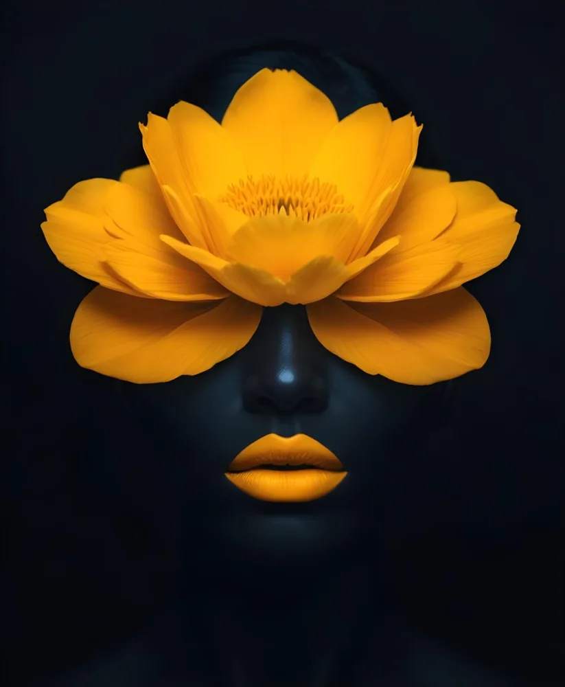 Digital Painting A Close Up Portrait Of A Woman S Face With A Yellow Flower As The Head Against A Dark Background Bold And Slim Lines Brush Strokes 10 8b2d