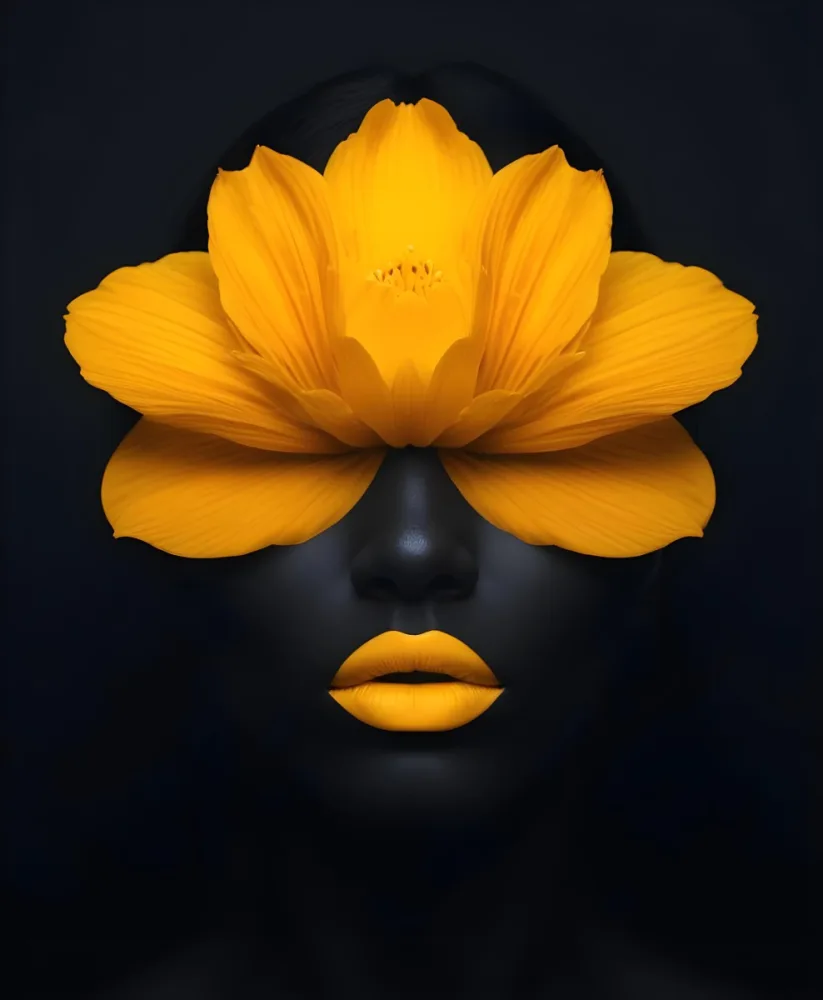 Digital Painting A Close Up Portrait Of A Woman S Face With A Yellow Flower As The Head Against A Dark Background Bold And Slim Lines Brush Strokes 11 Fccf