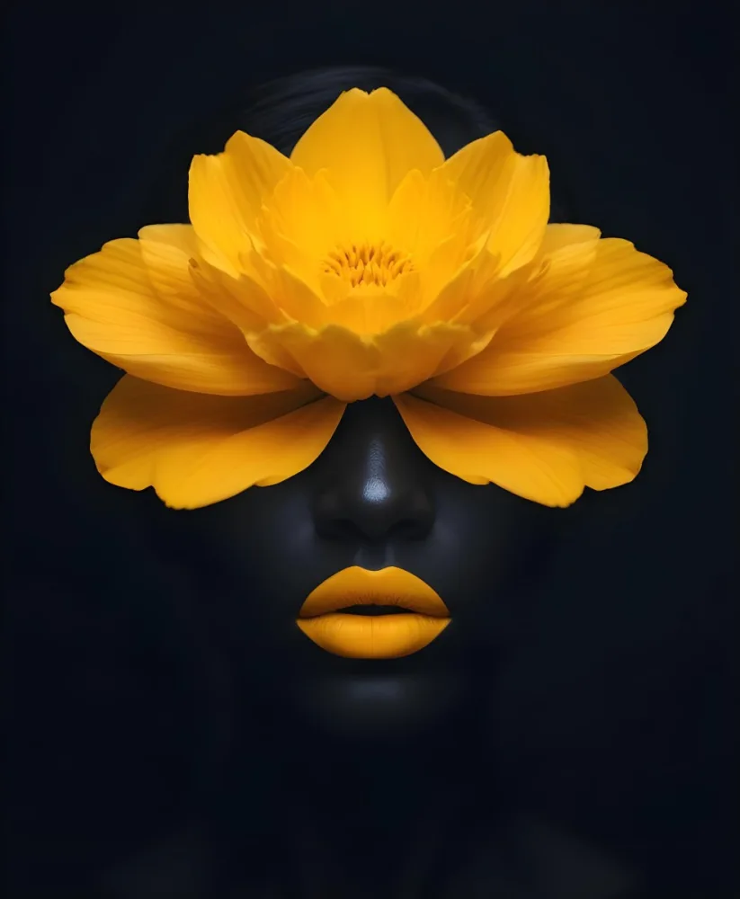 Digital Painting A Close Up Portrait Of A Woman S Face With A Yellow Flower As The Head Against A Dark Background Bold And Slim Lines Brush Strokes 3 0885