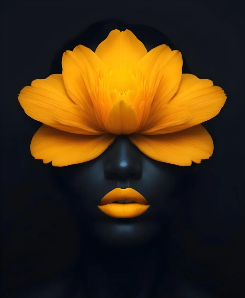 Digital Painting A Close Up Portrait Of A Woman S Face With A Yellow Flower As The Head Against A Dark Background Bold And Slim Lines Brush Strokes 7 F7d0