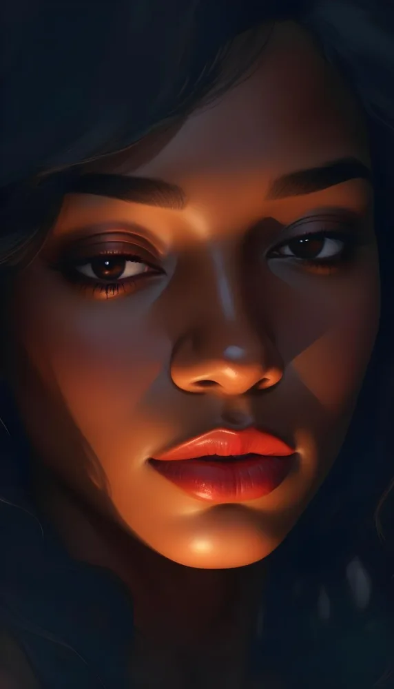Digital Painting A Close Up Portrait Of A Woman With Dark Skin Full Lips And Eyes Closed The Lighting Creates Dramatic Shadows And Highlights Giving The Image A Moody Cinematic Feel Bold And Slim Lines 16 9c09