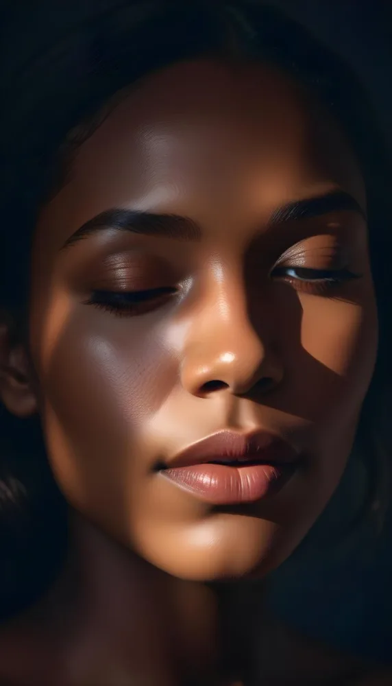Digital Painting A Close Up Portrait Of A Woman With Dark Skin Full Lips And Eyes Closed The Lighting Creates Dramatic Shadows And Highlights Giving The Image A Moody Cinematic Feel Bold And Slim Lines 3 0eed