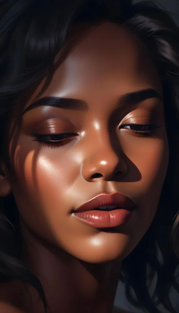 Digital Painting A Close Up Portrait Of A Woman With Dark Skin Full Lips And Eyes Closed The Lighting Creates Dramatic Shadows And Highlights Giving The Image A Moody Cinematic Feel Bold And Slim Lines 9 F931