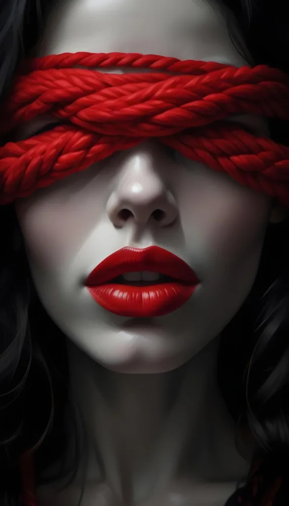 Digital Painting A Close Up Portrait Of A Woman With Pale Skin Dark Hair And Bold Red Lips The Woman S Face Is Partially Obscured By A Red Rope Creating A Mysterious And Dramatic Effect Bold And Slim Lin 1 D41e