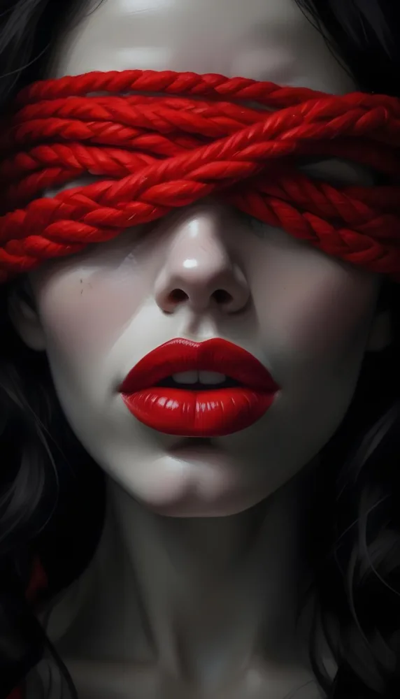 Digital Painting A Close Up Portrait Of A Woman With Pale Skin Dark Hair And Bold Red Lips The Woman S Face Is Partially Obscured By A Red Rope Creating A Mysterious And Dramatic Effect Bold And Slim Lin 10 3e98