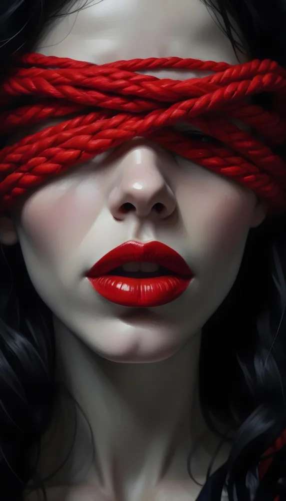 Digital Painting A Close Up Portrait Of A Woman With Pale Skin Dark Hair And Bold Red Lips The Woman S Face Is Partially Obscured By A Red Rope Creating A Mysterious And Dramatic Effect Bold And Slim Lin 12 B3dd