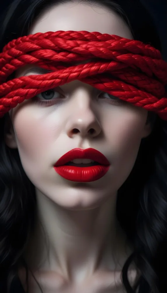Digital Painting A Close Up Portrait Of A Woman With Pale Skin Dark Hair And Bold Red Lips The Woman S Face Is Partially Obscured By A Red Rope Creating A Mysterious And Dramatic Effect Bold And Slim Lin 4 1164
