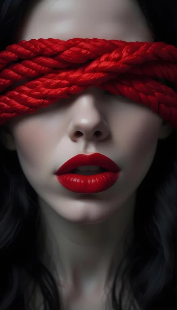 Digital Painting A Close Up Portrait Of A Woman With Pale Skin Dark Hair And Bold Red Lips The Woman S Face Is Partially Obscured By A Red Rope Creating A Mysterious And Dramatic Effect Bold And Slim Lin 8 B550