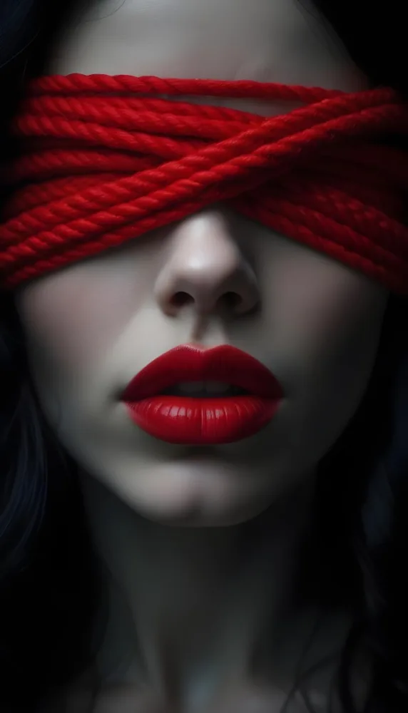 Digital Painting A Close Up Portrait Of A Woman With Pale Skin Dark Hair And Bold Red Lips The Woman S Face Is Partially Obscured By A Red Rope Creating A Mysterious And Dramatic Effect Bold And Slim Lin 9 0572