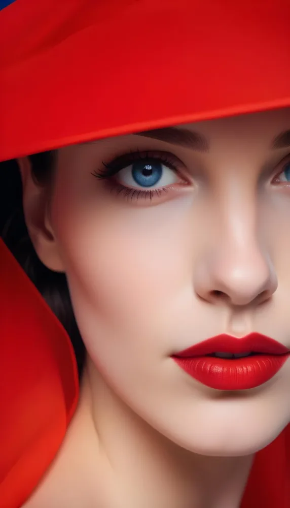 Digital Painting A Close Up Portrait Of A Woman With Striking Red Lips Dark Eyebrows And Intense Blue Eyes She Is Wearing A Red Hat Or Veil That Partially Obscures Her Face Creating A Mysterious And Dramatic 16 A4e7